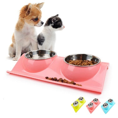 Pet Dog Bowl Puppy Cat Bowl Water Food Storage Feeder Non-toxic PP Resin Stainless Steel Combo Rice Basin 3 Colors